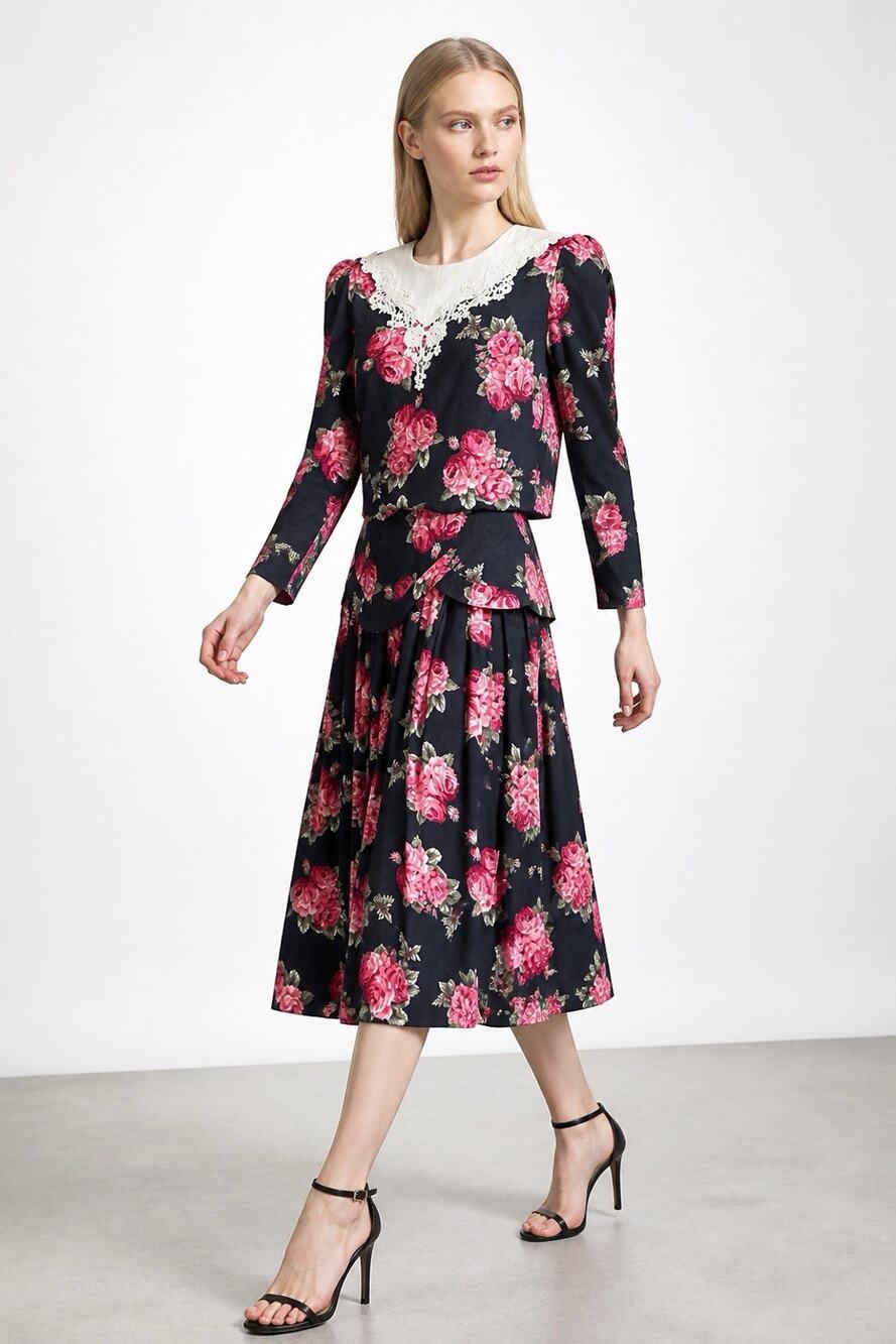 Vintage Lisa II Black Floral Bib Collar Prairie Cottagecore Midi 80's Dress L